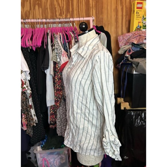 Sigrid Olsen LINEN Button Down Blouse Collared Blue & White Striped Sz L - Picture 5 of 9